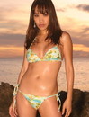 Luscious Hawaiian babe in sexy bikini poses on the beach shyly hiding her tits