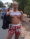 Playful amateur blonde shows of her tits and snatch in  a variety of public plac