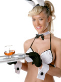 Busty waitress in incredibly sexy uniform demonstrates her private parts