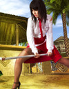 Erotic cosplay content with brunette in red and white schoolgirl uniform