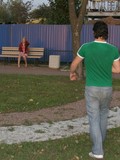 Easy young redhead in blue mini-skirt has sex with horny boy in the forest