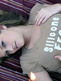 Sweet Samantha rubs her blue panties while chilling out outdoors in the shadow